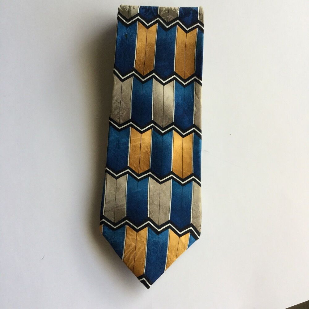Umberto Bossi Mens Neck Tie Blue Taupe Geometric Silk 58" x 3.75" Italy Vintage